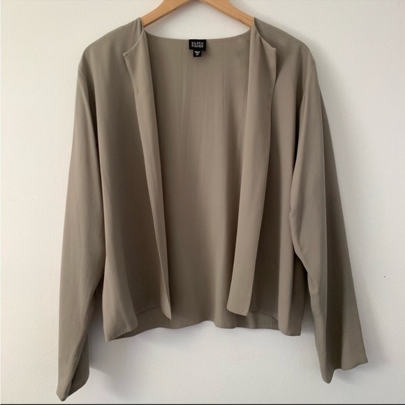 Eileen Fisher 100% Silk SlateTan/Gray Tone Open Lightweight Jacket Sz PL - Picture 2 of 6